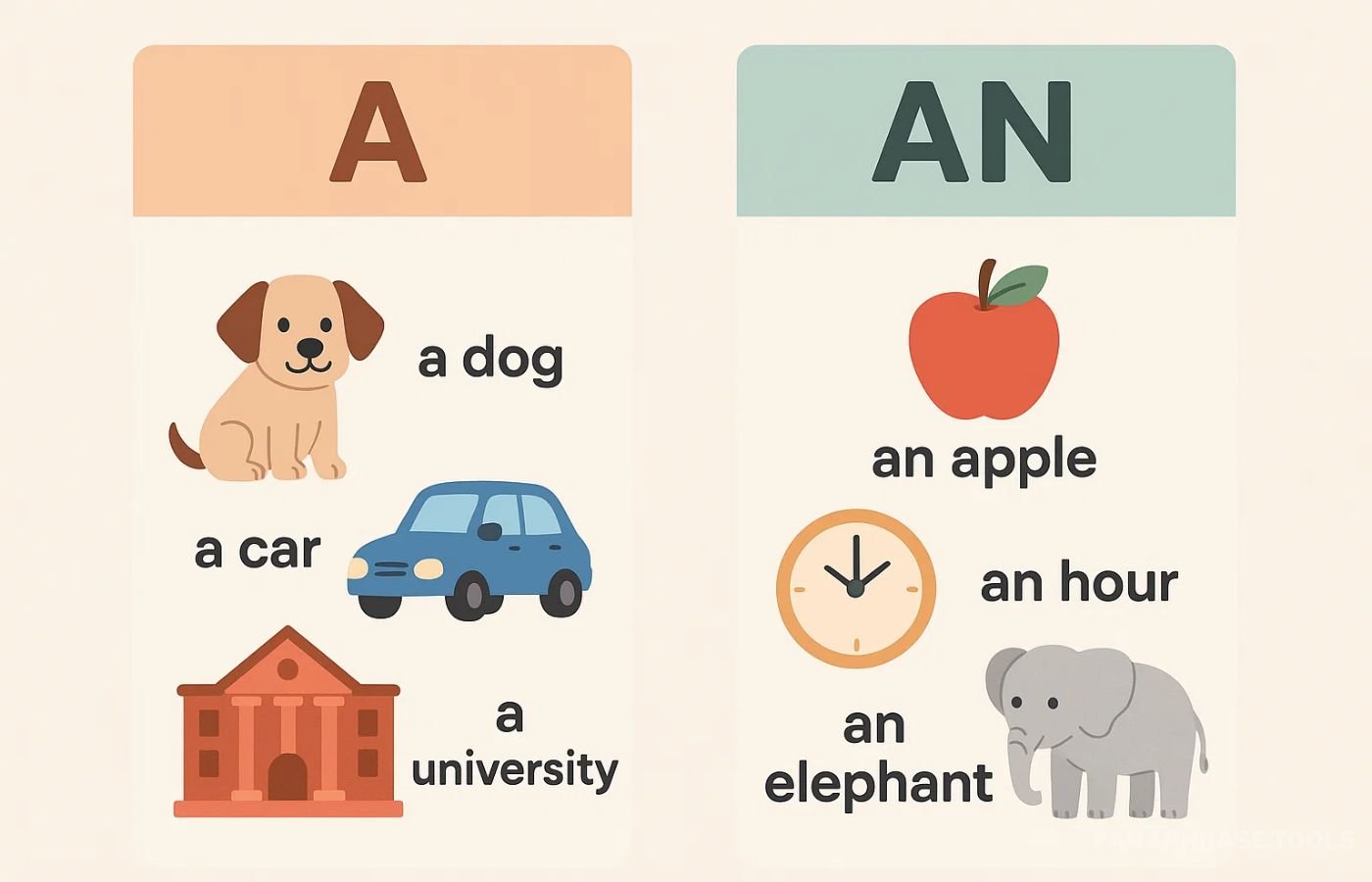 A or An en Inglés: Reglas, Diferencias y Ejemplos 2 Tabla comparativa mostrando ejemplos de uso de a y an en inglés