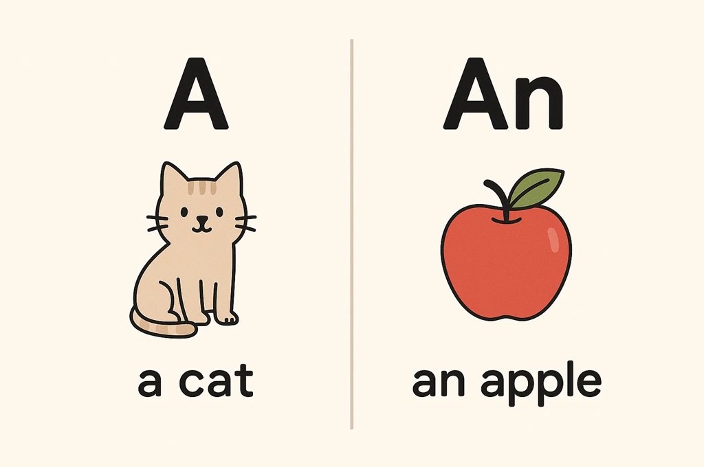 A or An en Inglés: Reglas, Diferencias y Ejemplos 1 Explicación visual del uso de a y an en inglés con ejemplos básicos