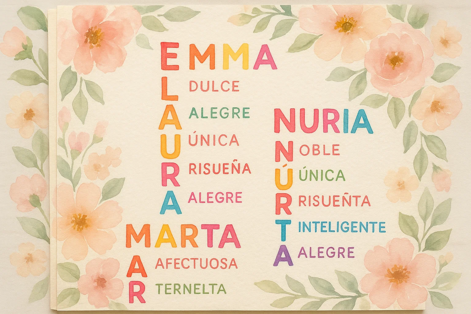 Acróstico de Nombres de Mujeres: Ejemplos Bonitos y Creativos 1 Acróstico de nombres de mujeres con letras coloridas y fondo floral