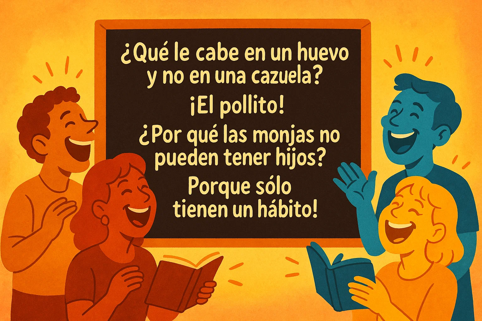 Adivinanzas Mal Pensadas con Respuestas Divertidas 1 Personas riendo con adivinanzas mal pensadas escritas en una pizarra divertida
