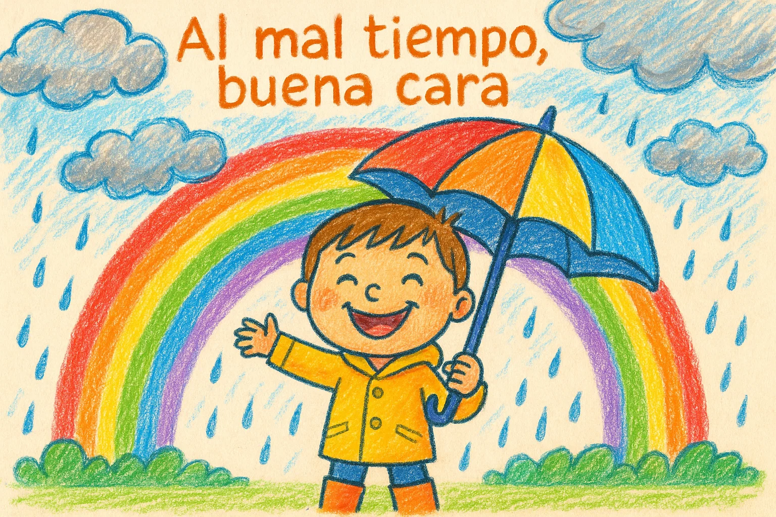 Al mal tiempo buena cara dibujo – Significado y enseñanza explicada 1 Dibujo que representa el refrán “Al mal tiempo, buena cara” con un niño sonriendo bajo la lluvia.