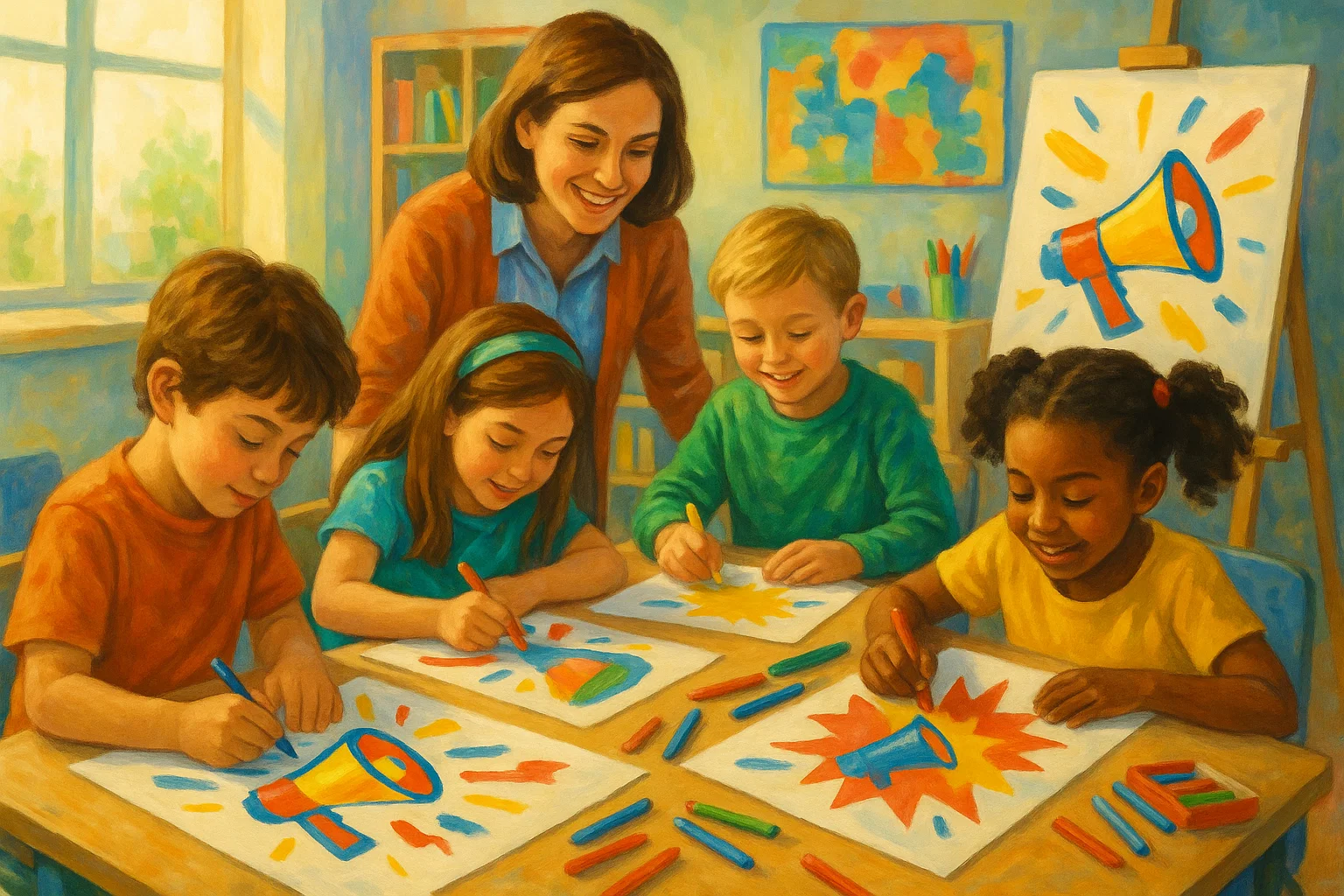 Anuncios Publicitarios Para Niños con Eslogan – Guía Creativa 1 Niños creando anuncios publicitarios en un aula creativa