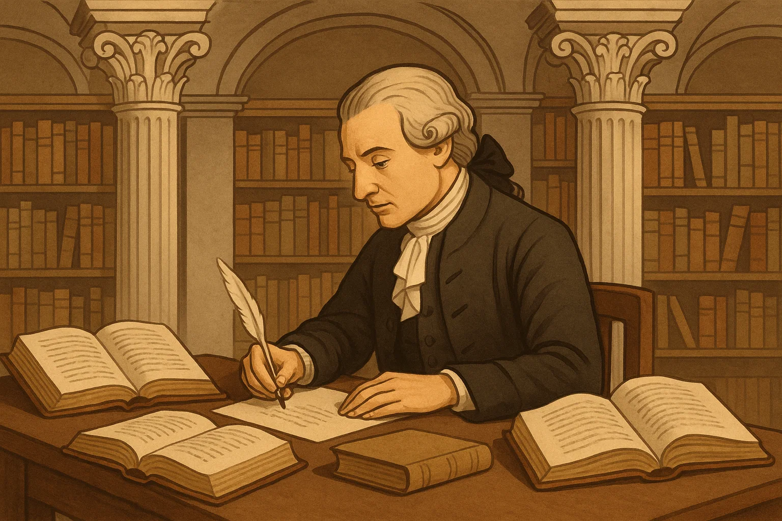 Autores y obras del Neoclasicismo representados en una biblioteca clásica del siglo XVIII