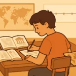 Estudiante escribiendo un borrador de un relato histórico con libros y líneas de tiempo