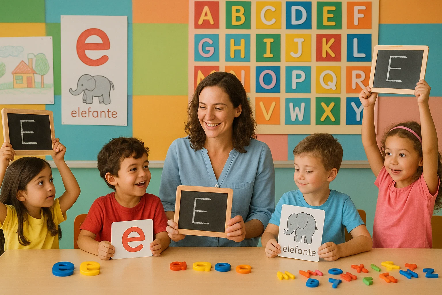 Actividades con la Vocal E – Juegos y Estrategias para Enseñar a Niños 1 Niños participando en actividades con la vocal E en clase de español para primer grado