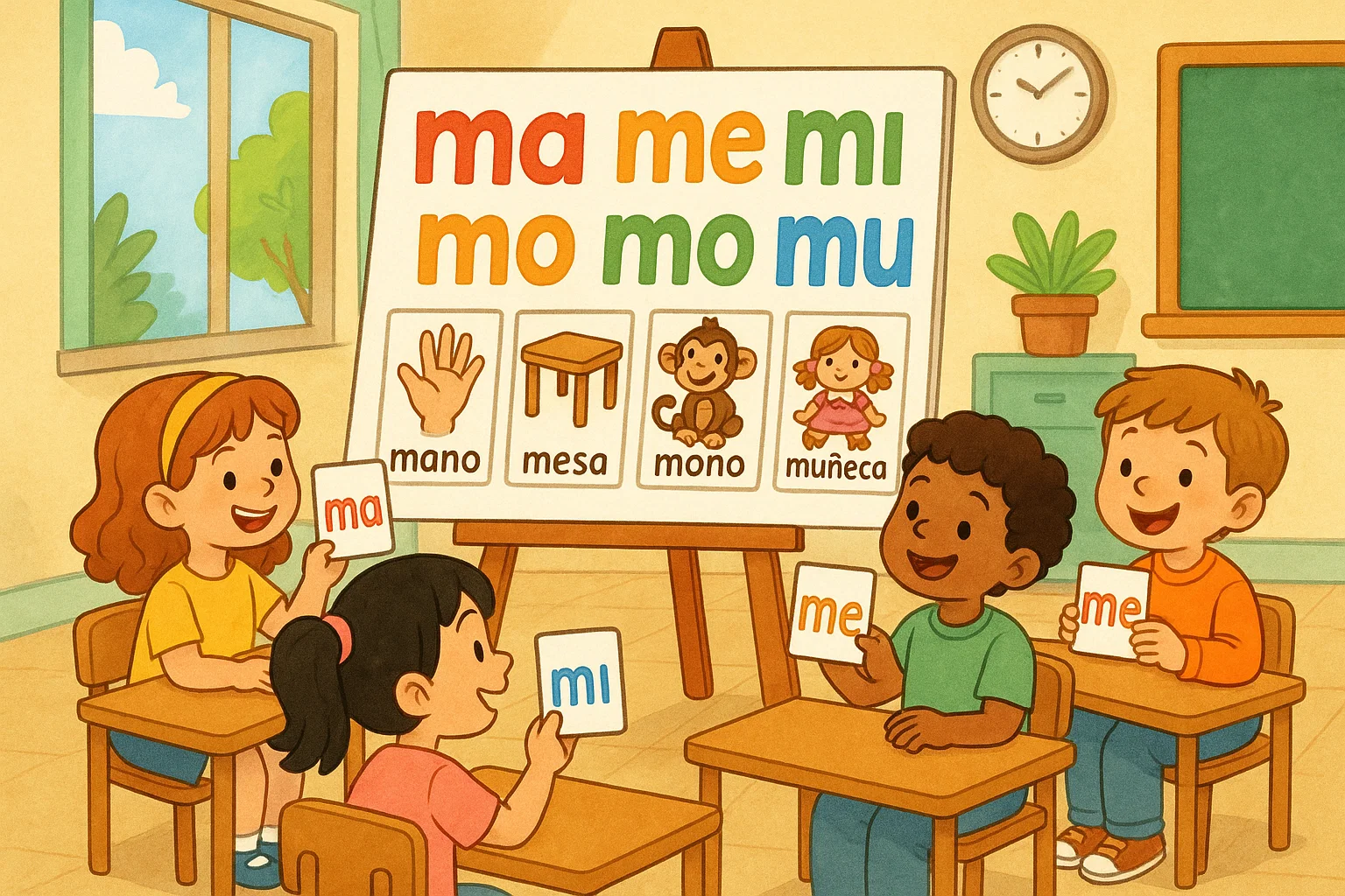 Actividades con las sílabas Ma Me Mi Mo Mu para niños de primaria 1 Niños aprendiendo las sílabas ma me mi mo mu en clase con tarjetas y ejemplos visuales.