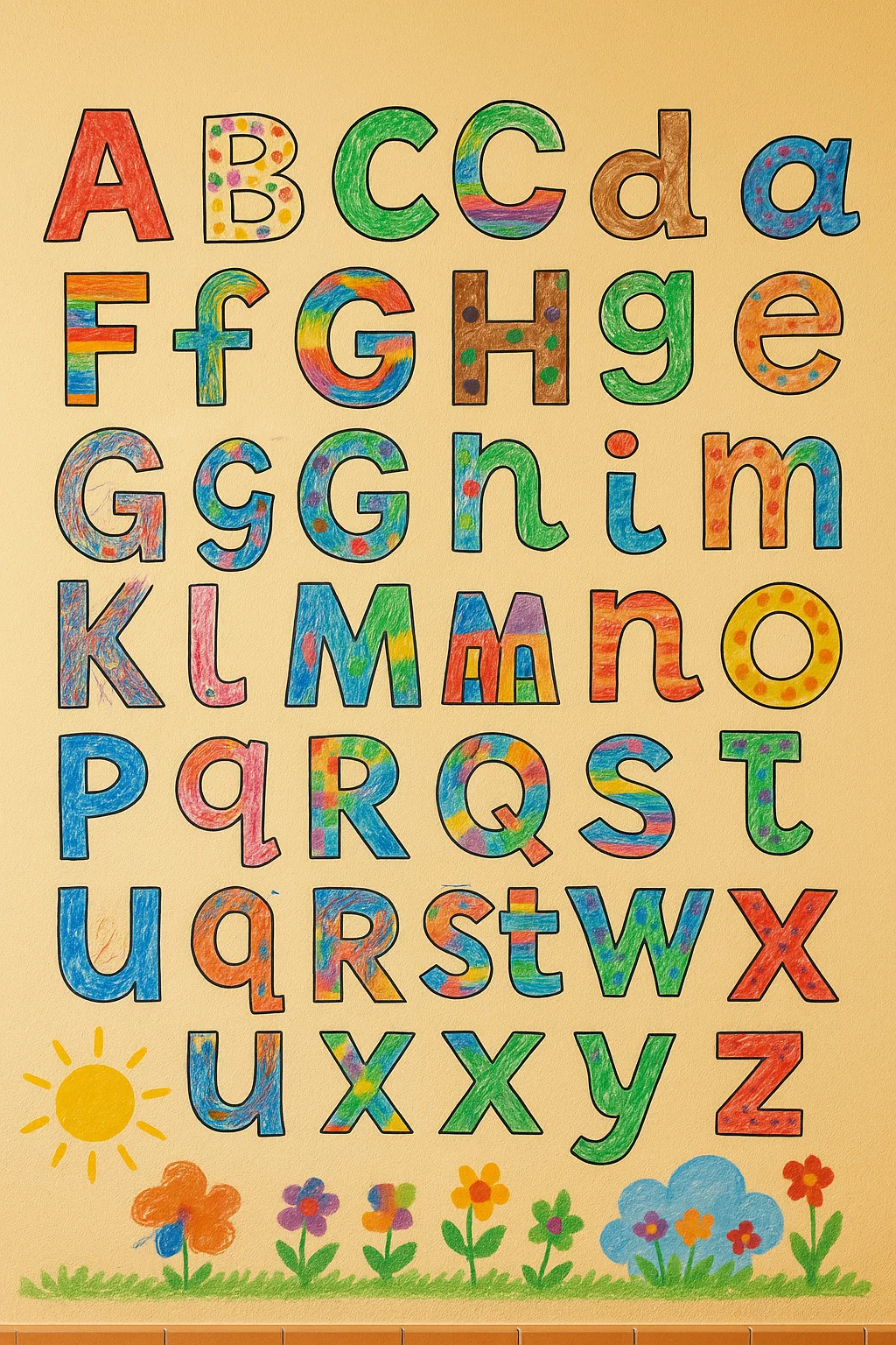 Abecedario para Colorear: Mayúsculas y Minúsculas 4 Mural del abecedario con letras mayúsculas y minúsculas coloreadas en aula infantil