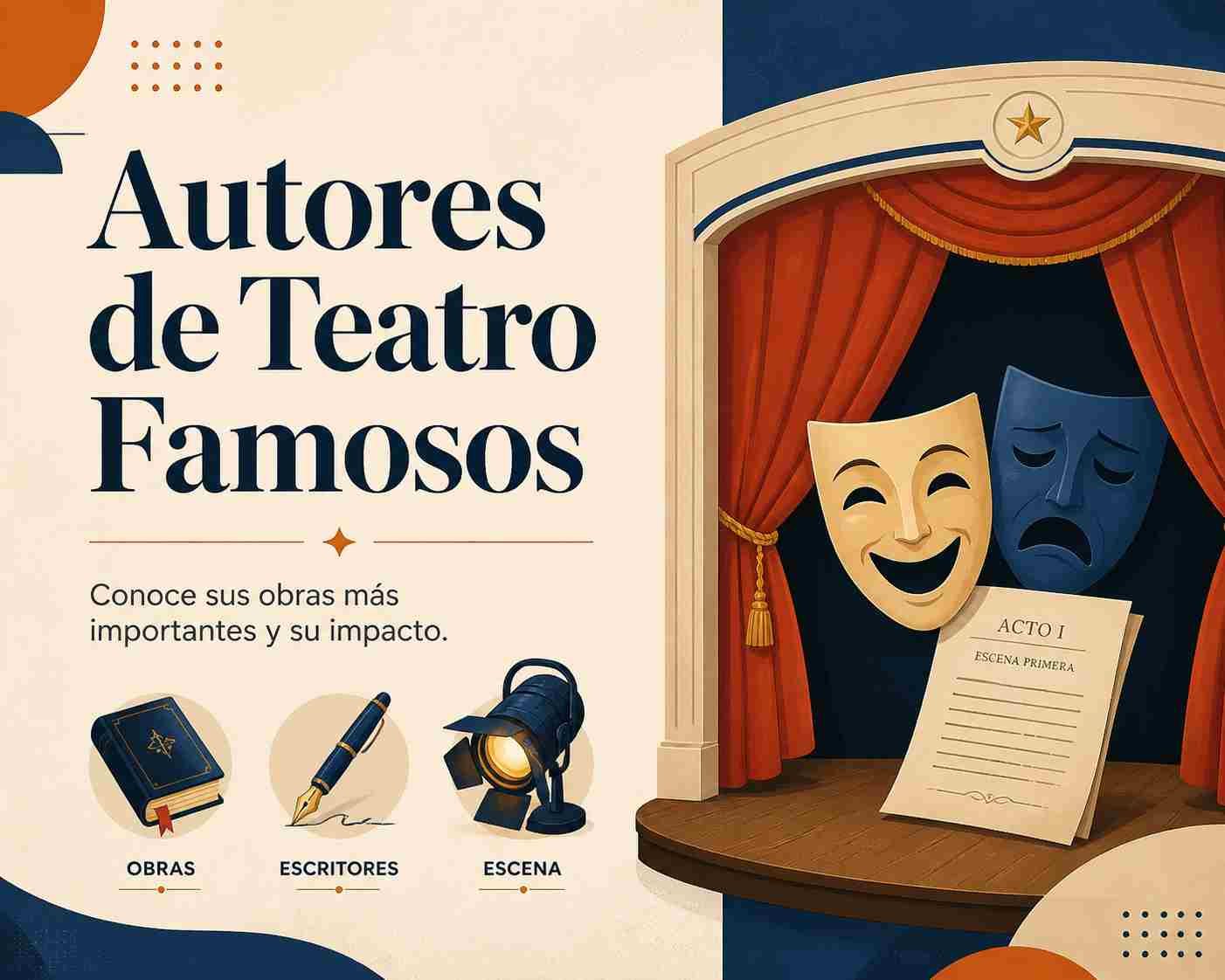 Autores de obras de teatro famosos con escenario teatral y máscaras clásicas