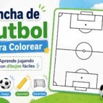 Cancha de futbol para colorear con líneas del campo y dibujos educativos para niños