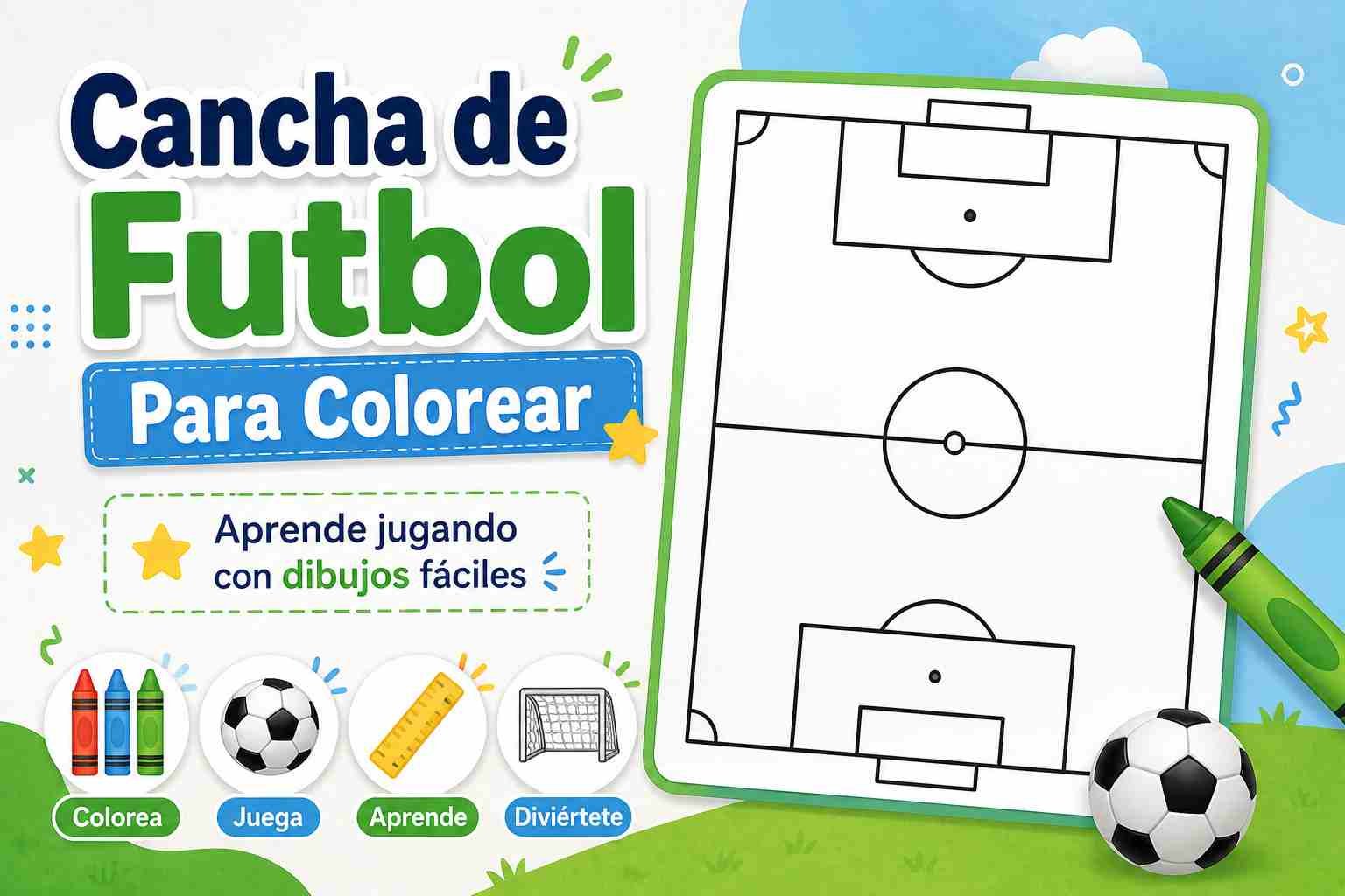 Cancha de futbol para colorear con líneas del campo y dibujos educativos para niños