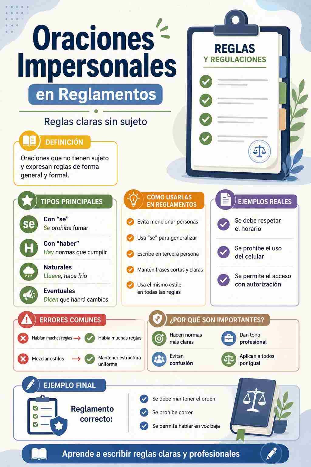 infografía sobre oraciones impersonales en reglamentos con ejemplos y reglas
